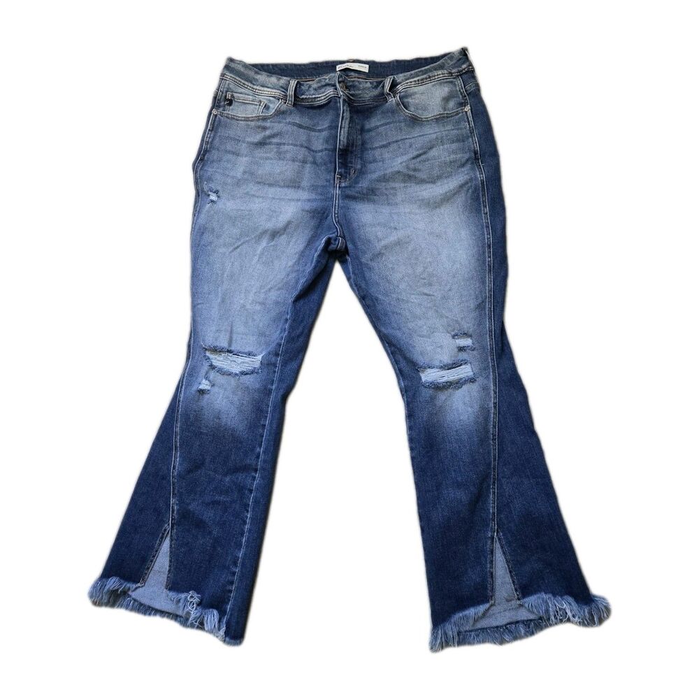 KanCan Distressed Flare Jeans Womens 22 Dark Wash Raw Hem Split Ankle Denim EUC